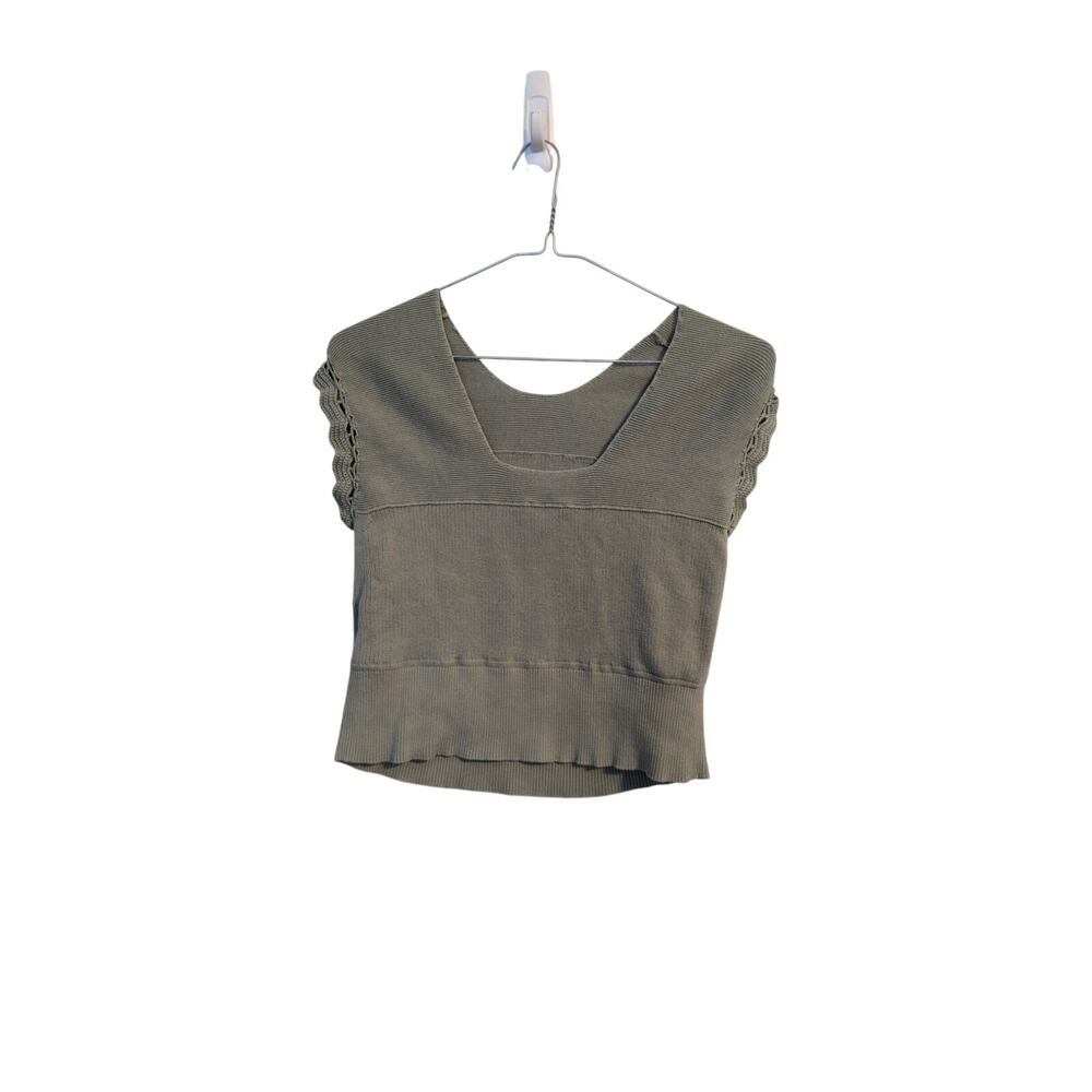 Olive WRAP London Medium Green Cotton Square Neck Crochet Sleeve Blouse - Picture 2 of 5